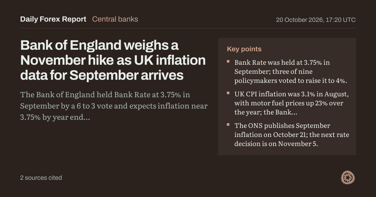 Bank of England weighs a November hike as UK inflation data for September arrives: Central banks, Daily Forex Report